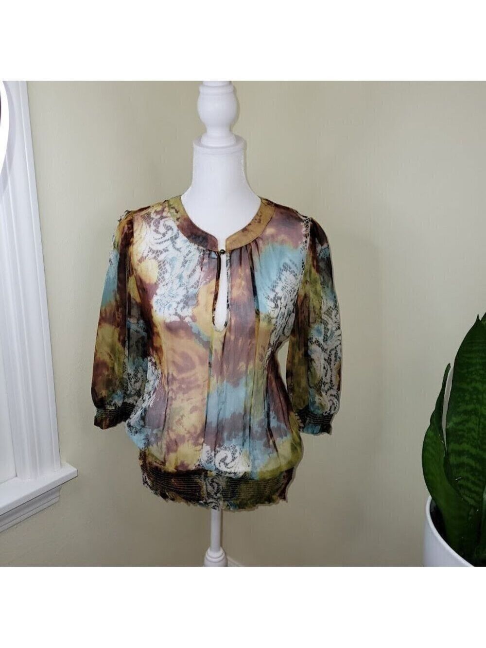 Everest Apparel 100% Silk Blouse Sheer Multicolored Elastic Waist Top Women SZ S - Picture 2 of 14